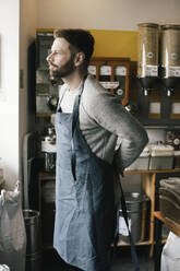 Side view of owner wearing apron in food store - MASF38851