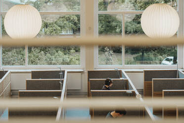 High angle view of male and female students studying in library at university - MASF39005