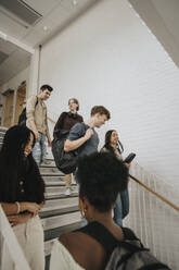 Happy male and female multiracial students on stairs in university - MASF39074