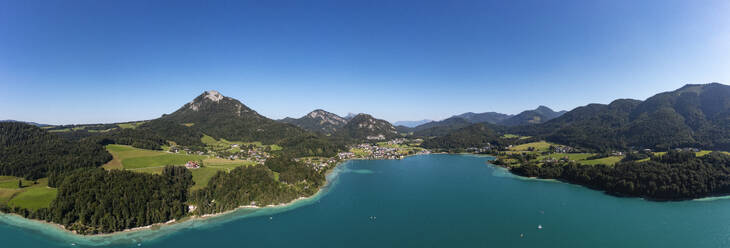 Austria, Salzburger Land, Fuschl am See, Drone panorama of Fuschl Lake and surrounding landscape in summer - WWF06411