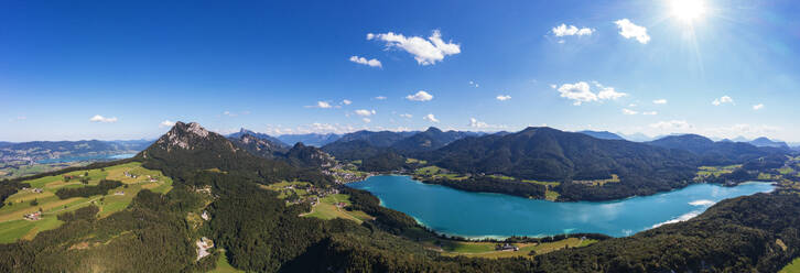 Austria, Salzburger Land, Fuschl am See, Drone panorama of Fuschl Lake and surrounding landscape in summer - WWF06415