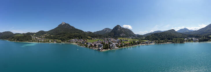 Austria, Salzburger Land, Fuschl am See, Drone panorama of Fuschl Lake and surrounding landscape in summer - WWF06418