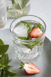 Studioaufnahme eines Glases Mineralwasser mit Minze und Erdbeeren - EVGF04379