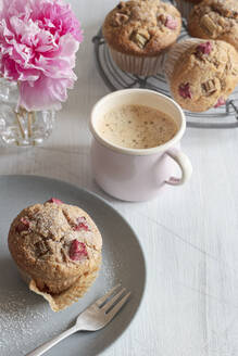 Studio shot of cup of coffee and rhubarb muffins - EVGF04382