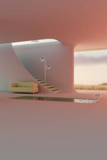 3D-Rendering eines minimalistischen Interieurs mit Sofa, Stehlampe und Swimmingpool - JPF00477