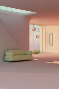 3D-Rendering eines minimalistischen Interieurs mit Sofa und Stehlampe - JPF00478