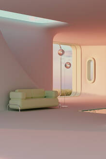 3D render of minimalistic interior with sofa and floor lamp - JPF00478