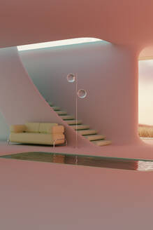 3D render of minimalistic interior with sofa, floor lamp and swimming pool - JPF00480