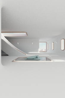 3D-Rendering von Sofa schwimmend im Schwimmbad in der Mitte des weiß gestrichenen minimalistischen Interieur platziert - JPF00481