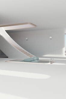 3D-Rendering von Sofa schwimmend im Schwimmbad in der Mitte des weiß gestrichenen minimalistischen Interieur platziert - JPF00483