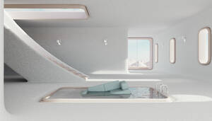 3D-Rendering von Sofa schwimmend im Schwimmbad in der Mitte des weiß gestrichenen minimalistischen Interieur platziert - JPF00484