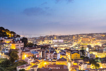 Portugal, Lisbon District, Lisbon, Long exposure of illuminated city at dusk - EGBF00930