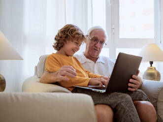 Delighted elderly man with grandson typing on modern laptop while sitting together in armchair in light living room at home - ADSF46717