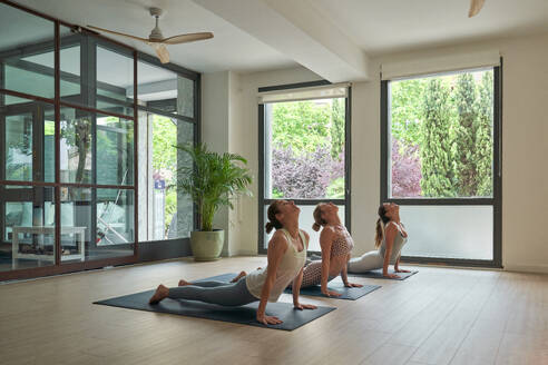 Seitenansicht von flexiblen barfuß Frauen liegen auf grauen Matten in Bhujangasana Pose und Blick nach oben während Yoga-Kurs in der Turnhalle - ADSF46780