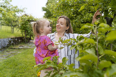 Glückliche Mutter trägt Tochter in der Nähe von Pflanzen im Garten - NDEF01143