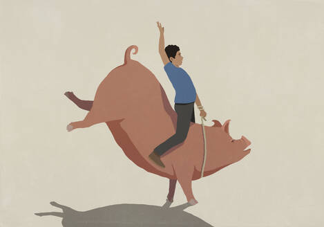 Man bull riding piggy bank - FSIF06500