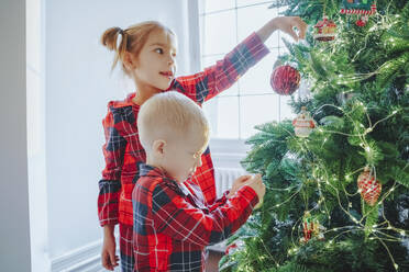 Schwester und Bruder schmücken den Weihnachtsbaum zu Hause - NLAF00131