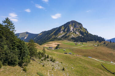 Österreich, Salzburger Land, Drohnenansicht des Holzecks und der umliegenden Landschaft im Sommer - WWF06481