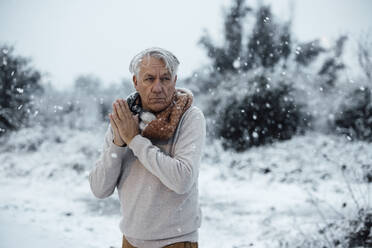 Älterer Mann reibt Hände im Schnee - JOSEF21017