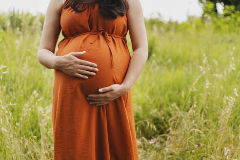 Pregnant woman with hands on stomach standing in grass - NDEF01157