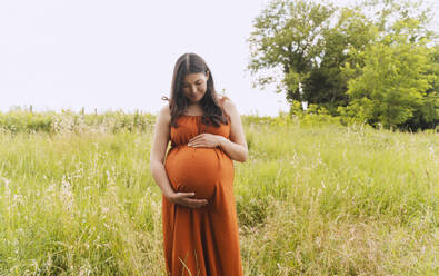 Schwangere Frau auf einer Wiese stehend - NDEF01158