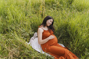 Schwangere Frau sitzt auf einer Decke im Gras auf einer Wiese - NDEF01168