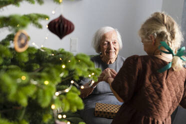 Glückliche Großmutter erhält Geschenke von ihrer Enkelin in der Nähe des Weihnachtsbaums zu Hause - SVKF01614