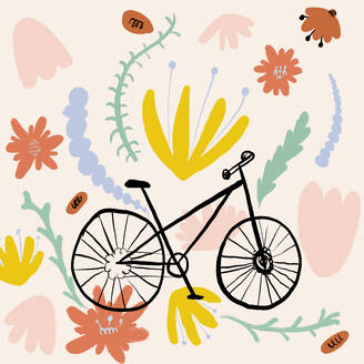 Hand drawn style vector illustration illustration of black bicycle amidst colorful flowers and plants against beige background - ADSF46894