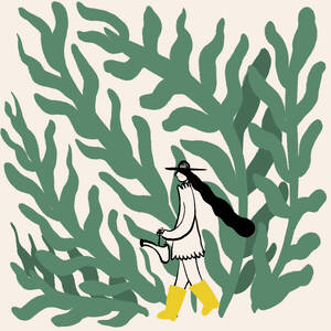 Vektor-Illustration der Seitenansicht der jungen Gärtnerin mit langen schwarzen Haaren in Hut und gelben Gummistiefeln zu Fuß in der Nähe von hohen grünen Pflanzen mit Gießkanne - ADSF46897