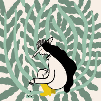 Vector design of side view of young female farmer with long dark hair in yellow gumboots and straw hat sitting on haunches and taking care of green plants - ADSF46898