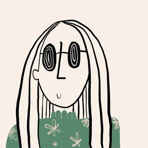 Simple vector illustration of cartoon woman with long hair in eyeglasses and floral blouse against beige background - ADSF46899