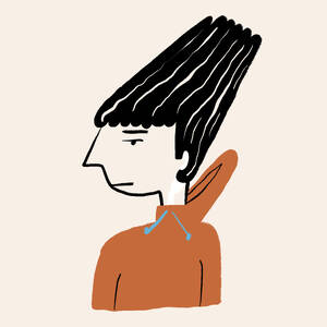 Lustige Vektor-Illustration von jungen Cartoon-Typ in braunen Kapuzenpullover mit fliegenden Haaren Blick weg gegen beige Hintergrund - ADSF46903