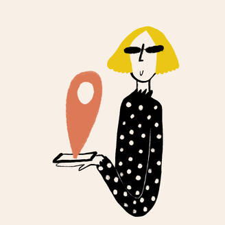 Kreative Vektor-Illustration von jungen weiblichen Reisenden mit blonden Haaren in gepunkteten Bluse und Sonnenbrille hält Smartphone mit GPS-Karte gegen beige Hintergrund - ADSF46904