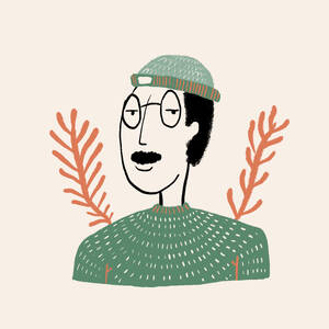 Flach Stil Vektor-Illustration von erwachsenen Cartoon-Mann mit dunklen Haaren und Schnurrbart in warmen Strickpullover Hut und Brille gegen beige Hintergrund - ADSF46905