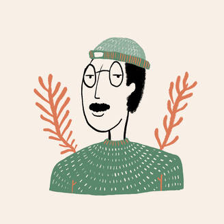 Flat style vector illustration of adult cartoon man with dark hair and mustache in warm knitted sweater hat and eyeglasses against beige background - ADSF46905