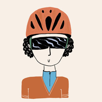 Flat style vector design of cool female bicyclist with dark hair in protective helmet and sunglasses against beige background - ADSF46907