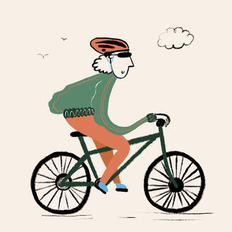 Vector illustration of male cyclist in activewear and protective helmet and sunglasses riding bicycle on road against beige background - ADSF46908