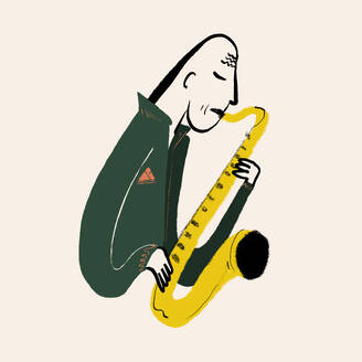 Vector illustration of side view of cartoon male musician in casual clothes playing saxophone against beige background - ADSF46912