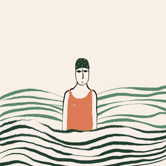 Flat style vector illustration of woman in swimwear cap and goggles standing in wavy sea against beige background - ADSF46915
