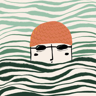 Vector illustration of cartoon swimmer in brown cap and goggles swimming under water of wavy sea - ADSF46918