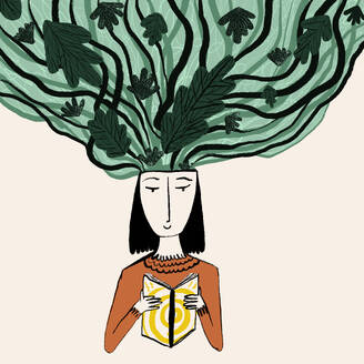 Creative vector design of smart young female with dark hair and tree with green leaves on head reading interesting book against beige background - ADSF46919