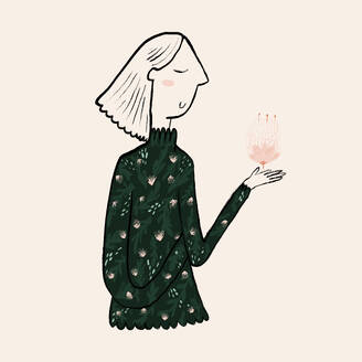 Flach Stil Vektor-Illustration der Seitenansicht der ruhigen Dame in grünen Pullover mit sanften rosa Blume in der Hand gegen beige Hintergrund - ADSF46921