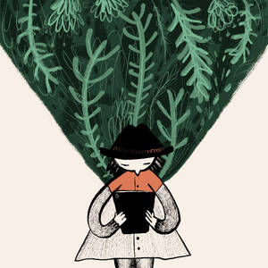 Vektor-Illustration der jungen Frau mit langen dunklen Haaren in Rock und Hut hält Topf, während gegen üppigen grünen Baum stehen - ADSF46922