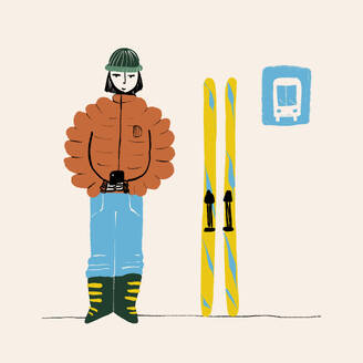 Vector illustration of full body of young female in warm outerwear and hat standing on bus stop and messaging on smartphone near yellow skis on winter day - ADSF46923