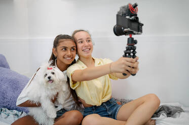 Cheerful diverse teen female friends sitting on bed with dog and taking selfie on camera - ADSF46955