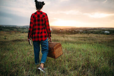 Pretty woman with basket, picnic in summer field. Romantic junket. Pretty woman with basket, picnic in summer field - INGF12119