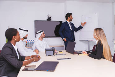 Multirassische Gruppe von Geschäftsleuten bei einem Treffen in einem Büro - Teamarbeit im Büro, Geschäftstreffen in den VAE - DMDF04864