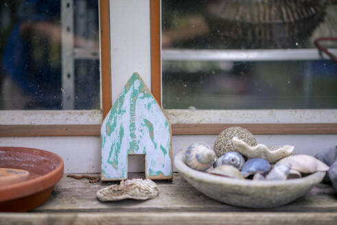 Verschiedene Muscheln in einer Schale mit einem Modellhaus auf einem Tisch am Fenster - KNSF09828