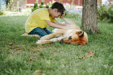 Junge spielt mit Hund auf Gras im Hinterhof liegend - NLAF00152