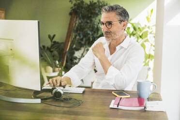 Freelancer working on computer at desk in home office - UUF30292